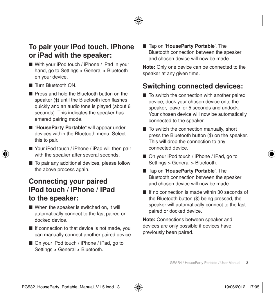 Switching connected devices | GEAR4 HouseParty Portable User Manual | Page 4 / 71