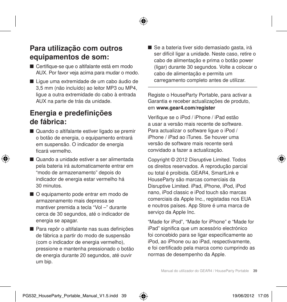 Para utilização com outros equipamentos de som, Energia e predefinições de fábrica | GEAR4 HouseParty Portable User Manual | Page 40 / 71