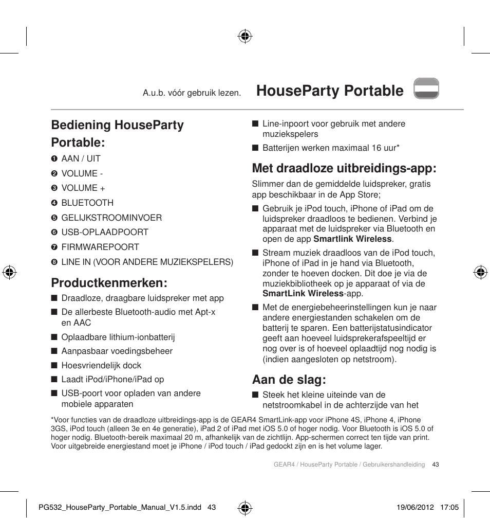 Houseparty portable, Bediening houseparty portable, Productkenmerken | Met draadloze uitbreidings-app, Aan de slag | GEAR4 HouseParty Portable User Manual | Page 44 / 71