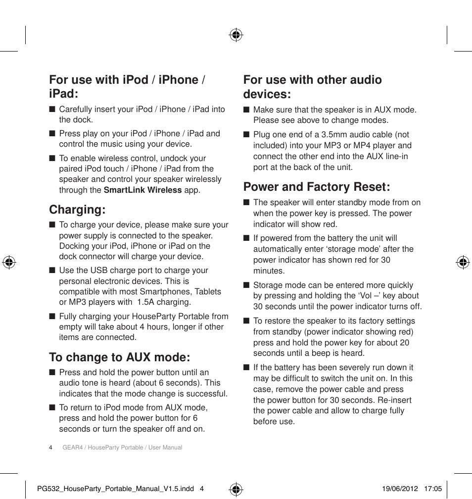 For use with ipod / iphone / ipad, Charging, For use with other audio devices | Power and factory reset | GEAR4 HouseParty Portable User Manual | Page 5 / 71