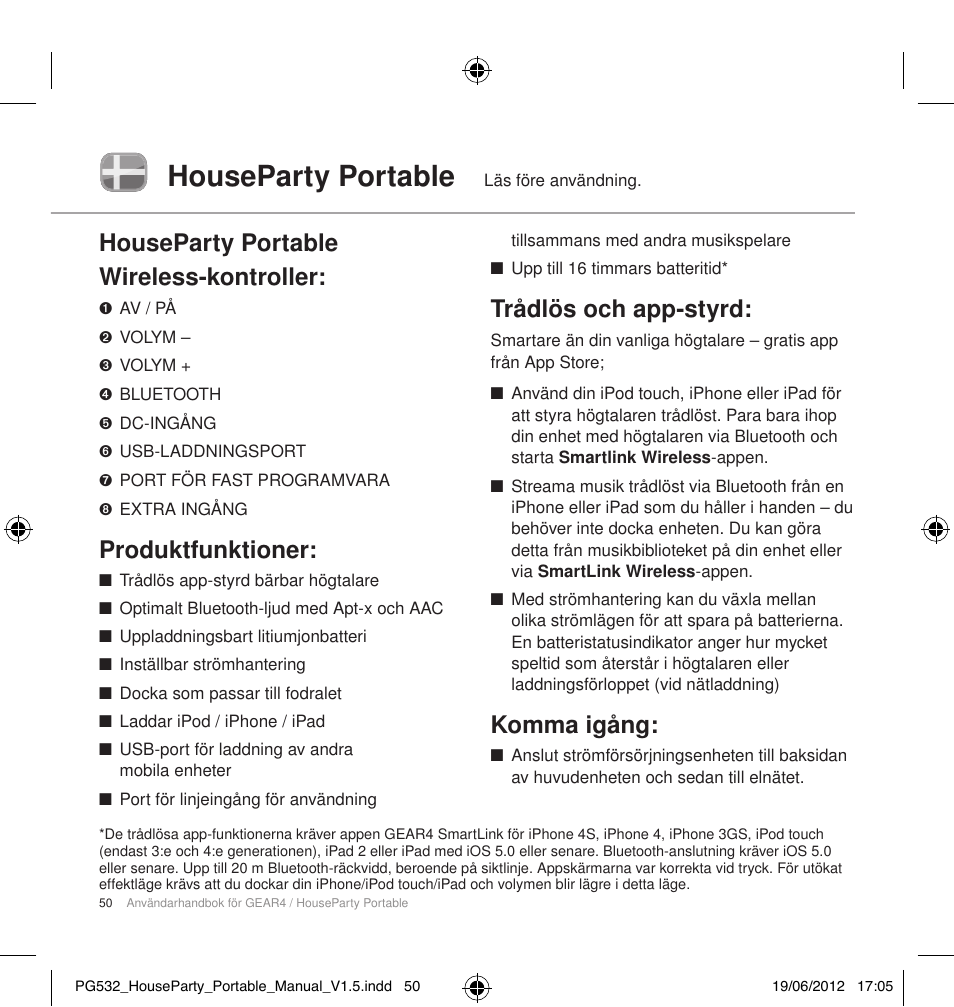 Houseparty portable, Houseparty portable wireless-kontroller, Produktfunktioner | Trådlös och app-styrd, Komma igång | GEAR4 HouseParty Portable User Manual | Page 51 / 71