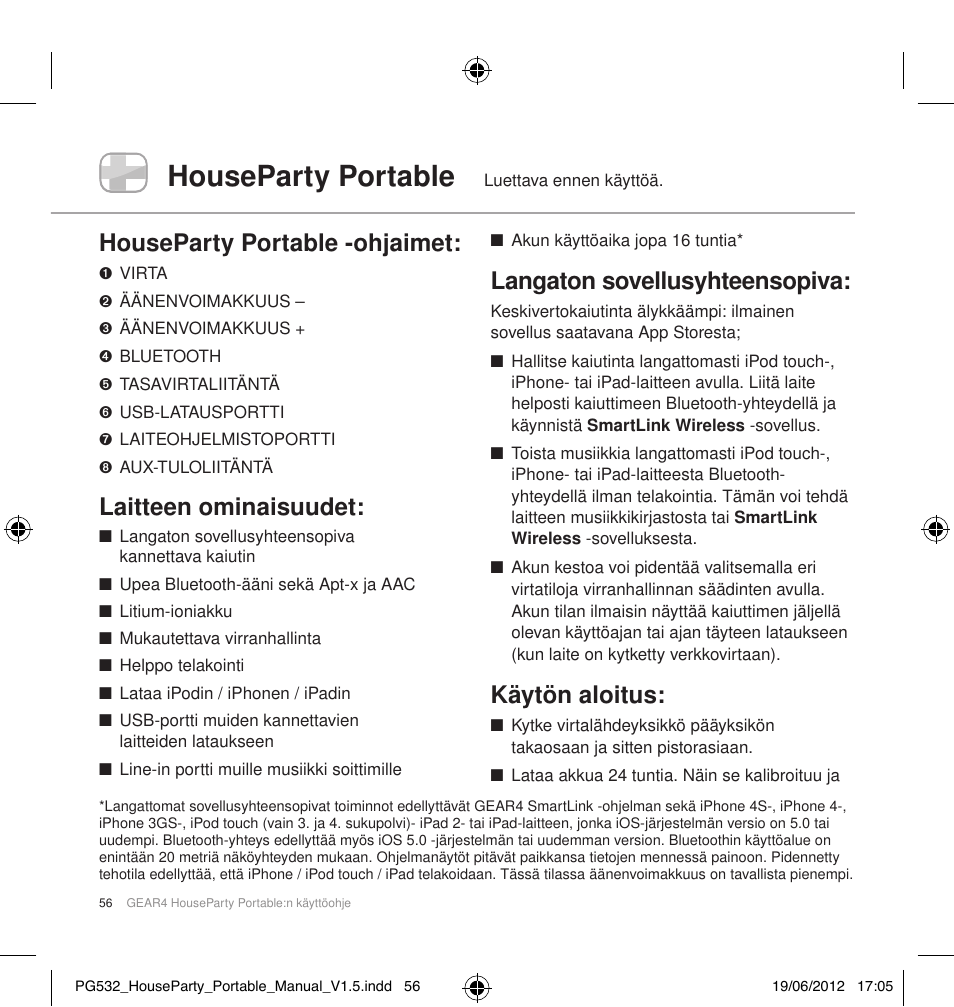 Houseparty portable, Houseparty portable -ohjaimet, Laitteen ominaisuudet | Langaton sovellusyhteensopiva, Käytön aloitus | GEAR4 HouseParty Portable User Manual | Page 57 / 71