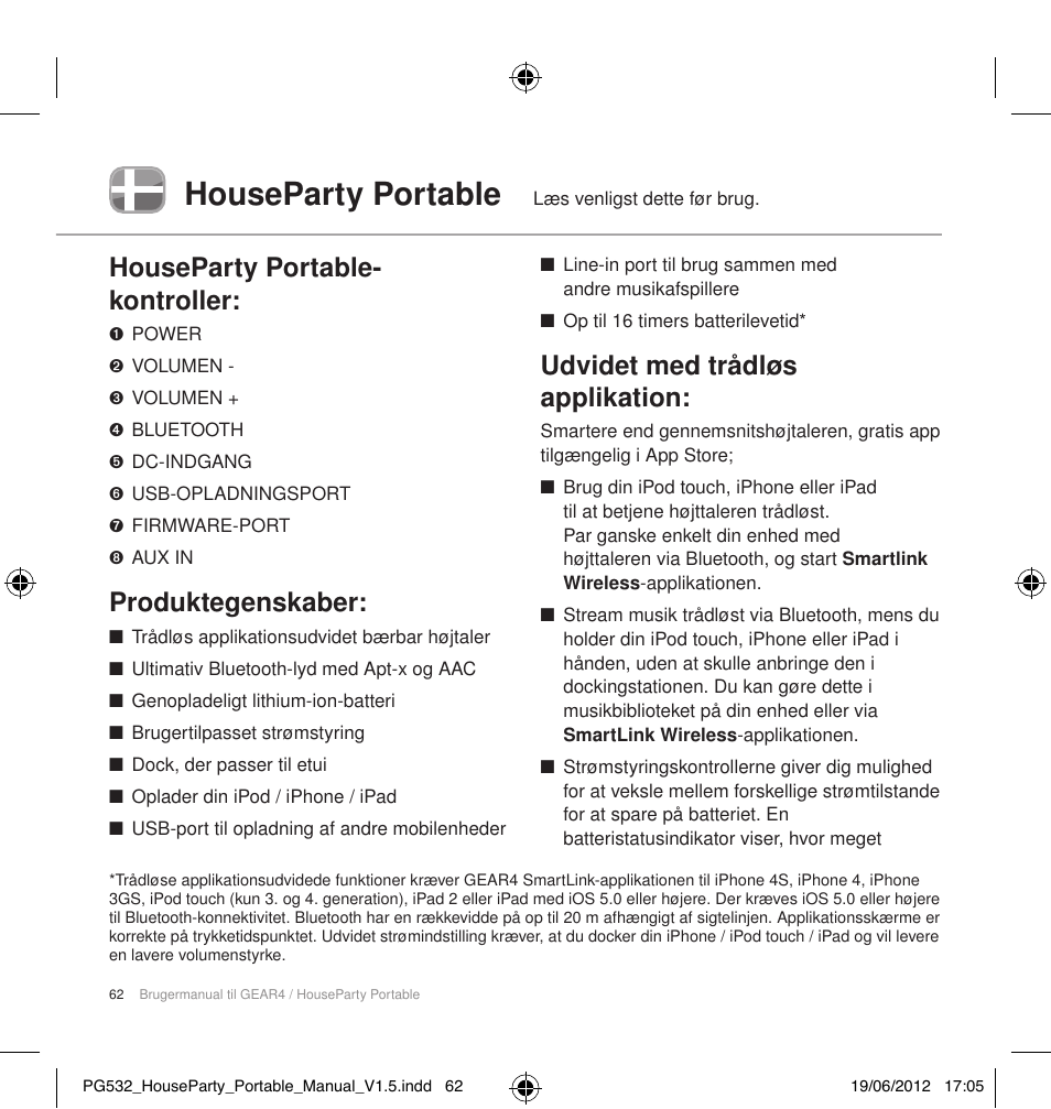 Houseparty portable, Houseparty portable- kontroller, Produktegenskaber | Udvidet med trådløs applikation | GEAR4 HouseParty Portable User Manual | Page 63 / 71