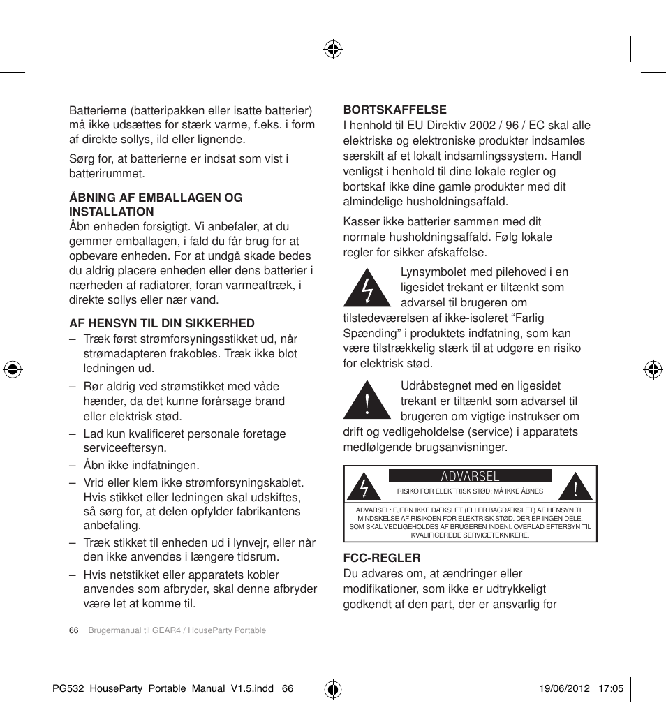 Advarsel | GEAR4 HouseParty Portable User Manual | Page 67 / 71