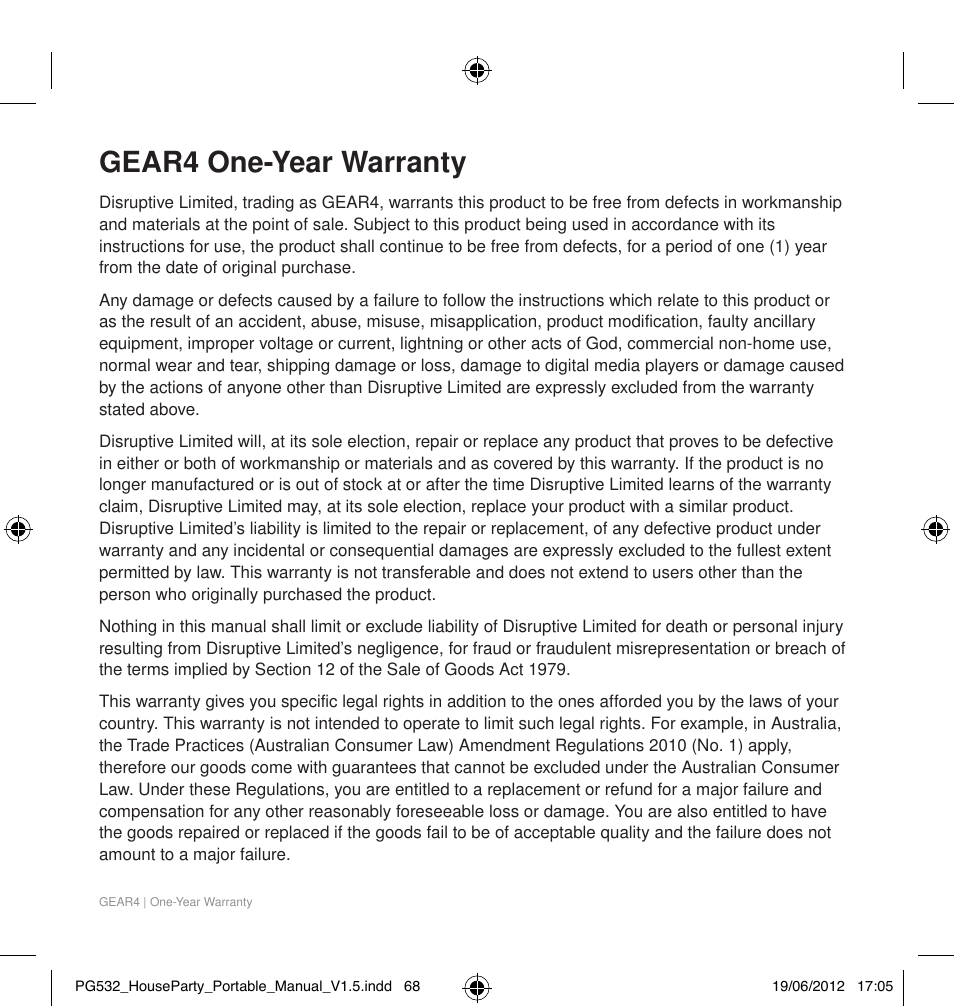 Gear4 one-year warranty | GEAR4 HouseParty Portable User Manual | Page 69 / 71