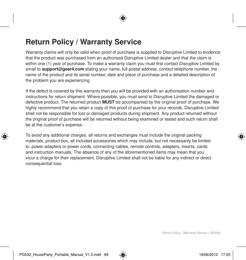 Return policy / warranty service | GEAR4 HouseParty Portable User Manual | Page 70 / 71