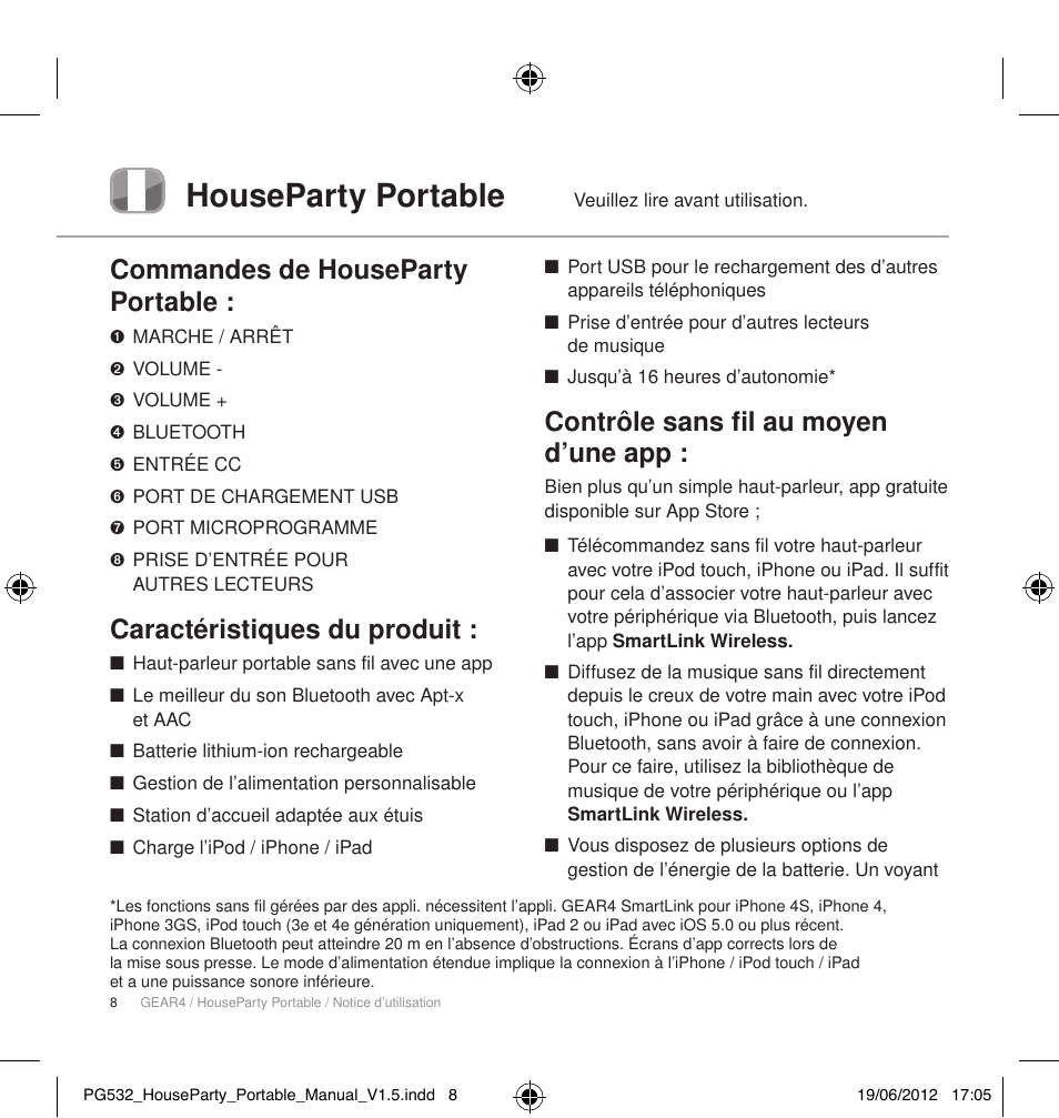 Houseparty portable, Commandes de houseparty portable, Caractéristiques du produit | Contrôle sans fil au moyen d’une app | GEAR4 HouseParty Portable User Manual | Page 9 / 71