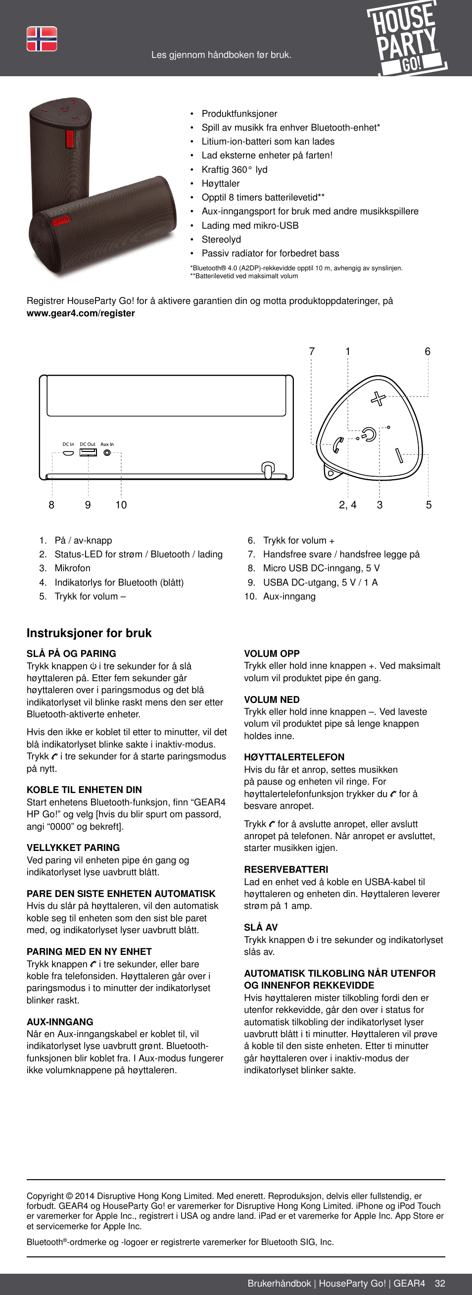 No 32, Instruksjoner for bruk | GEAR4 HouseParty Go User Manual | Page 32 / 46
