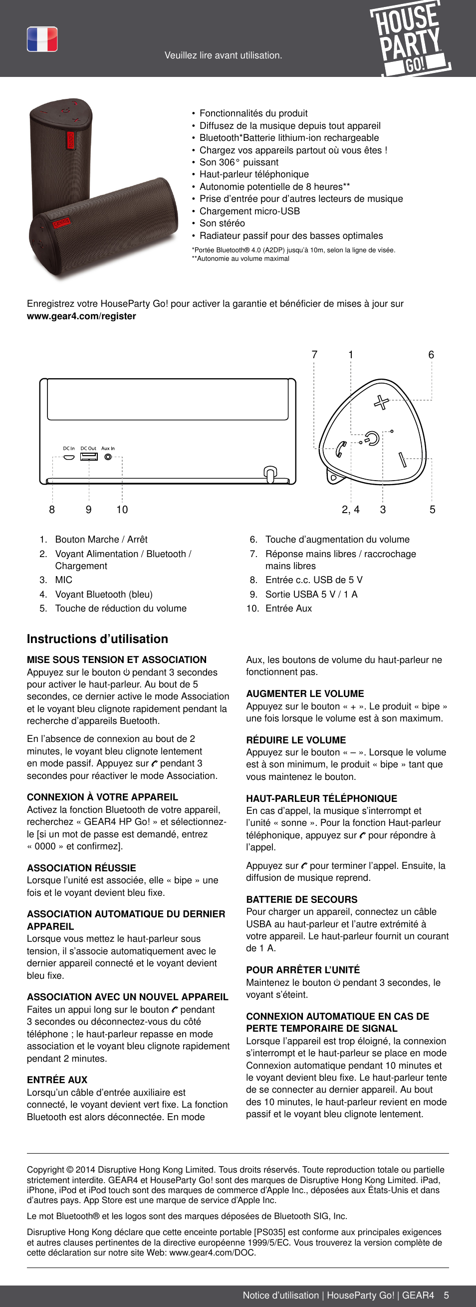 Fr 5, Instructions d’utilisation | GEAR4 HouseParty Go User Manual | Page 5 / 46