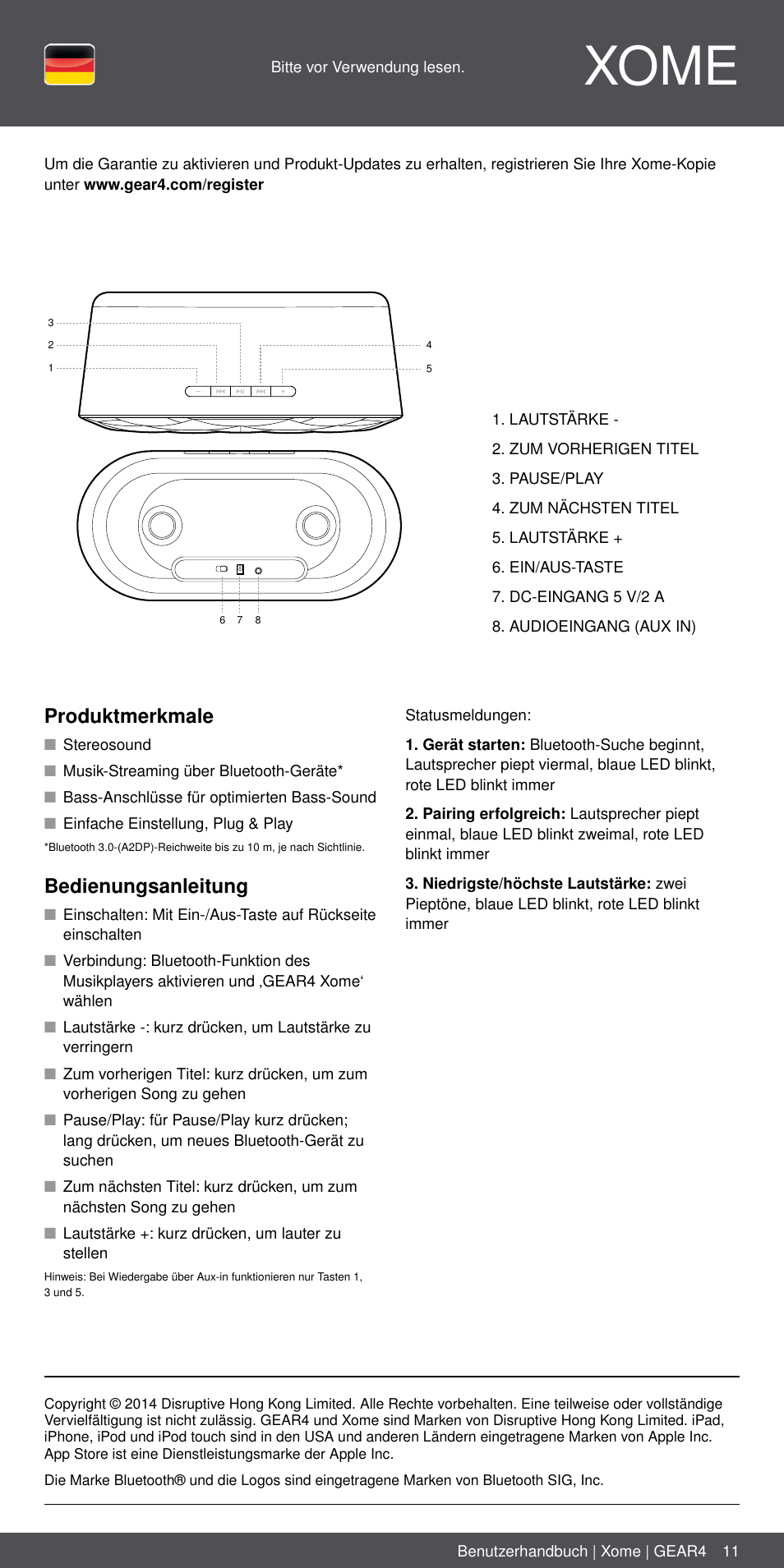 De 11, Xome, Produktmerkmale | Bedienungsanleitung | GEAR4 Xome User Manual | Page 11 / 46