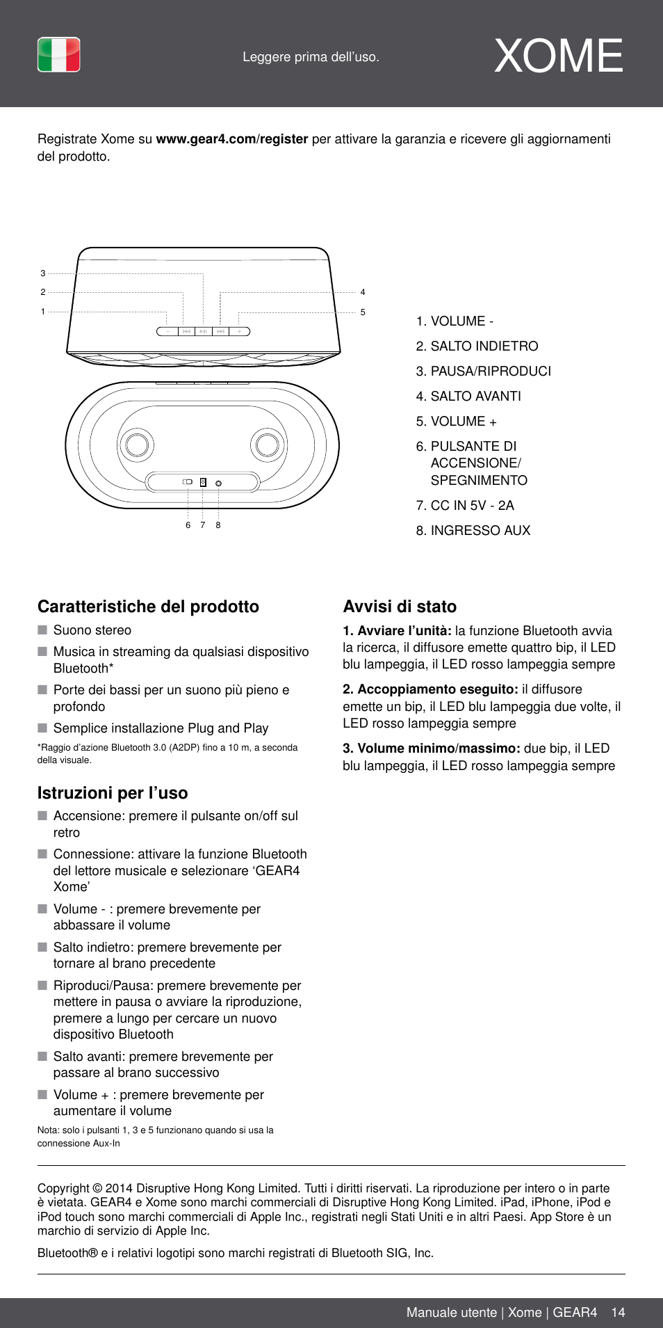 It 14, Nl 8, Xome | Caratteristiche del prodotto, Istruzioni per l’uso, Avvisi di stato | GEAR4 Xome User Manual | Page 14 / 46