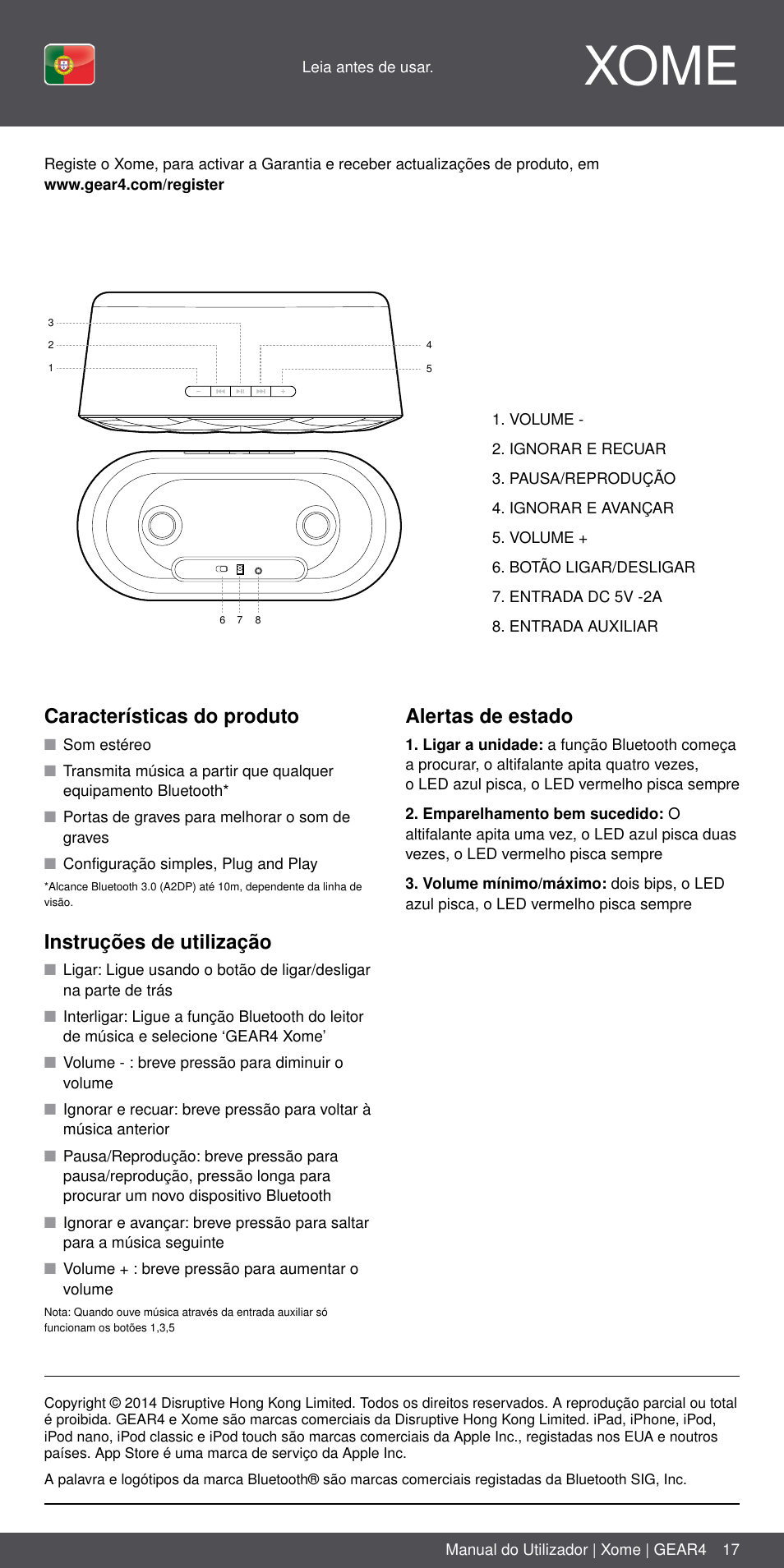 Pt 17, Xome, Características do produto | Instruções de utilização, Alertas de estado | GEAR4 Xome User Manual | Page 17 / 46