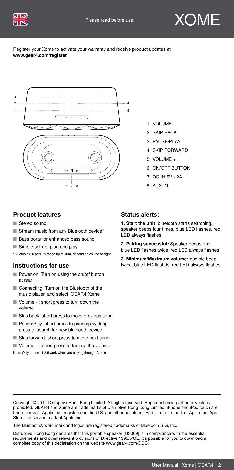 En 2, Xome, Product features | Instructions for use, Status alerts | GEAR4 Xome User Manual | Page 2 / 46