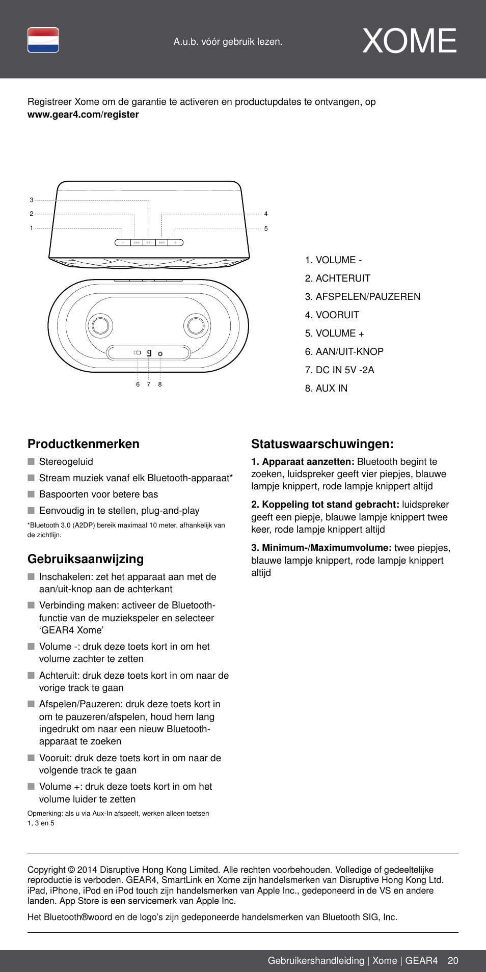 Nl 20, Xome, Productkenmerken | Gebruiksaanwijzing, Statuswaarschuwingen | GEAR4 Xome User Manual | Page 20 / 46