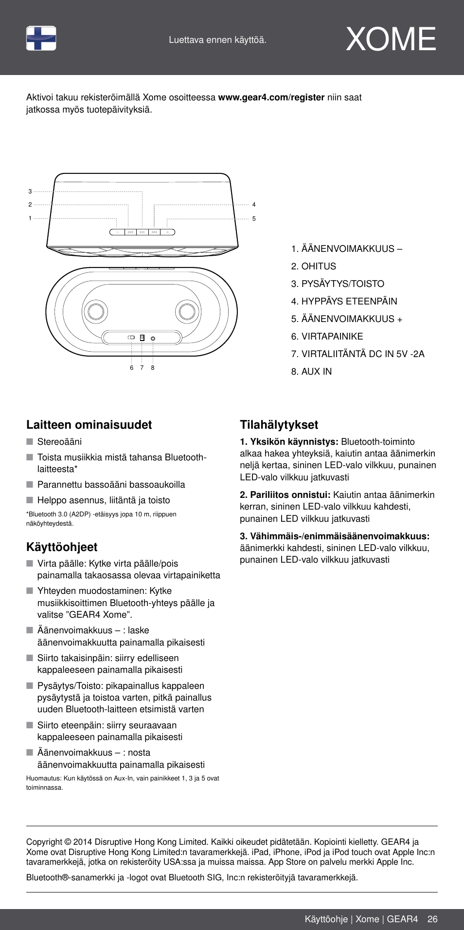 Fi 26, Xome, Laitteen ominaisuudet | Käyttöohjeet, Tilahälytykset | GEAR4 Xome User Manual | Page 26 / 46