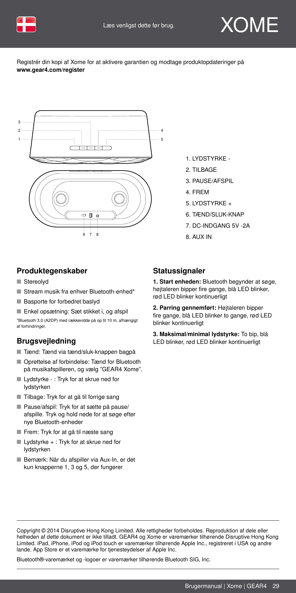 Dk 29, Xome, Produktegenskaber | Brugsvejledning, Statussignaler | GEAR4 Xome User Manual | Page 29 / 46