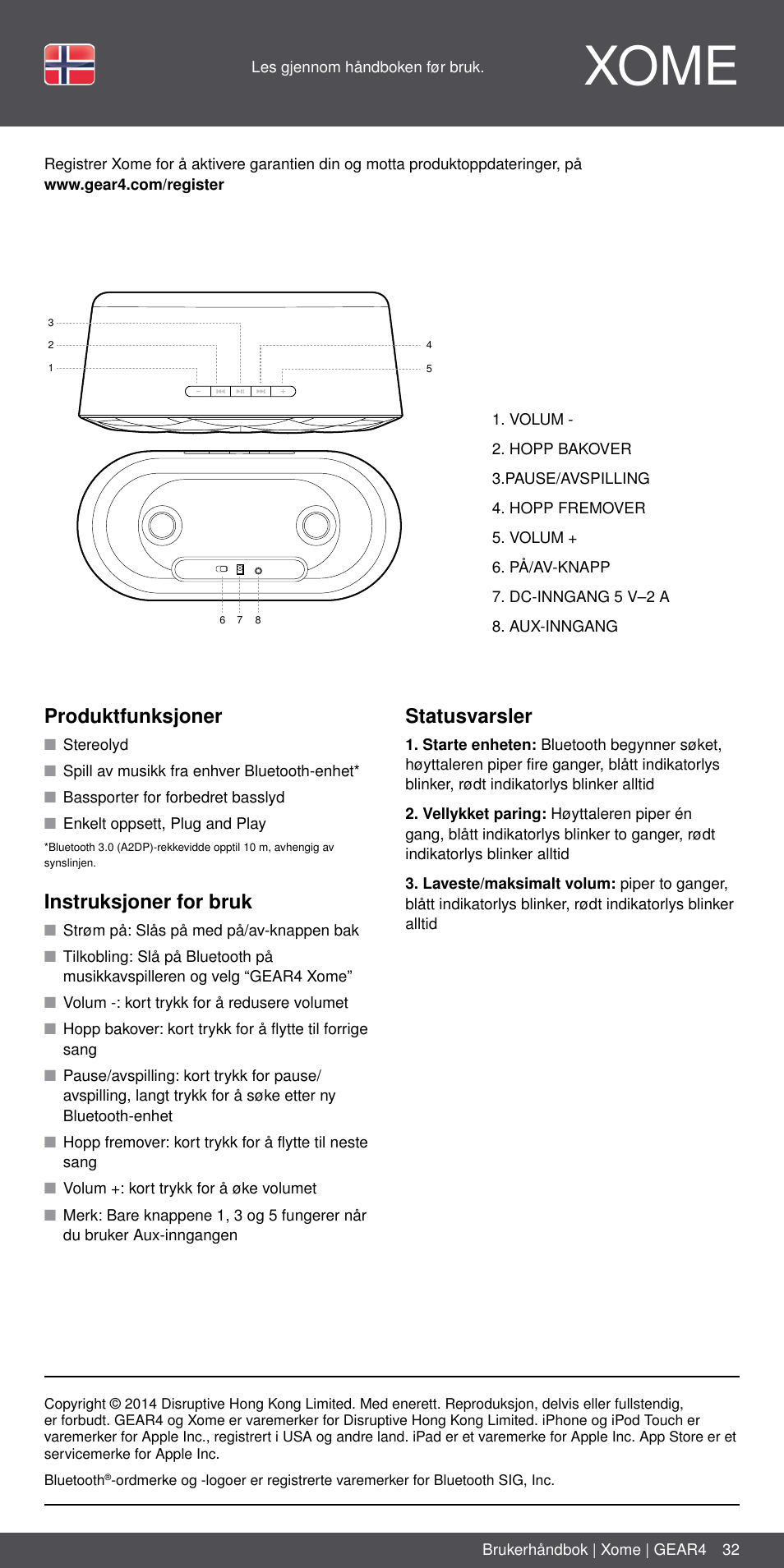 No 32, Xome, Produktfunksjoner | Instruksjoner for bruk, Statusvarsler | GEAR4 Xome User Manual | Page 32 / 46