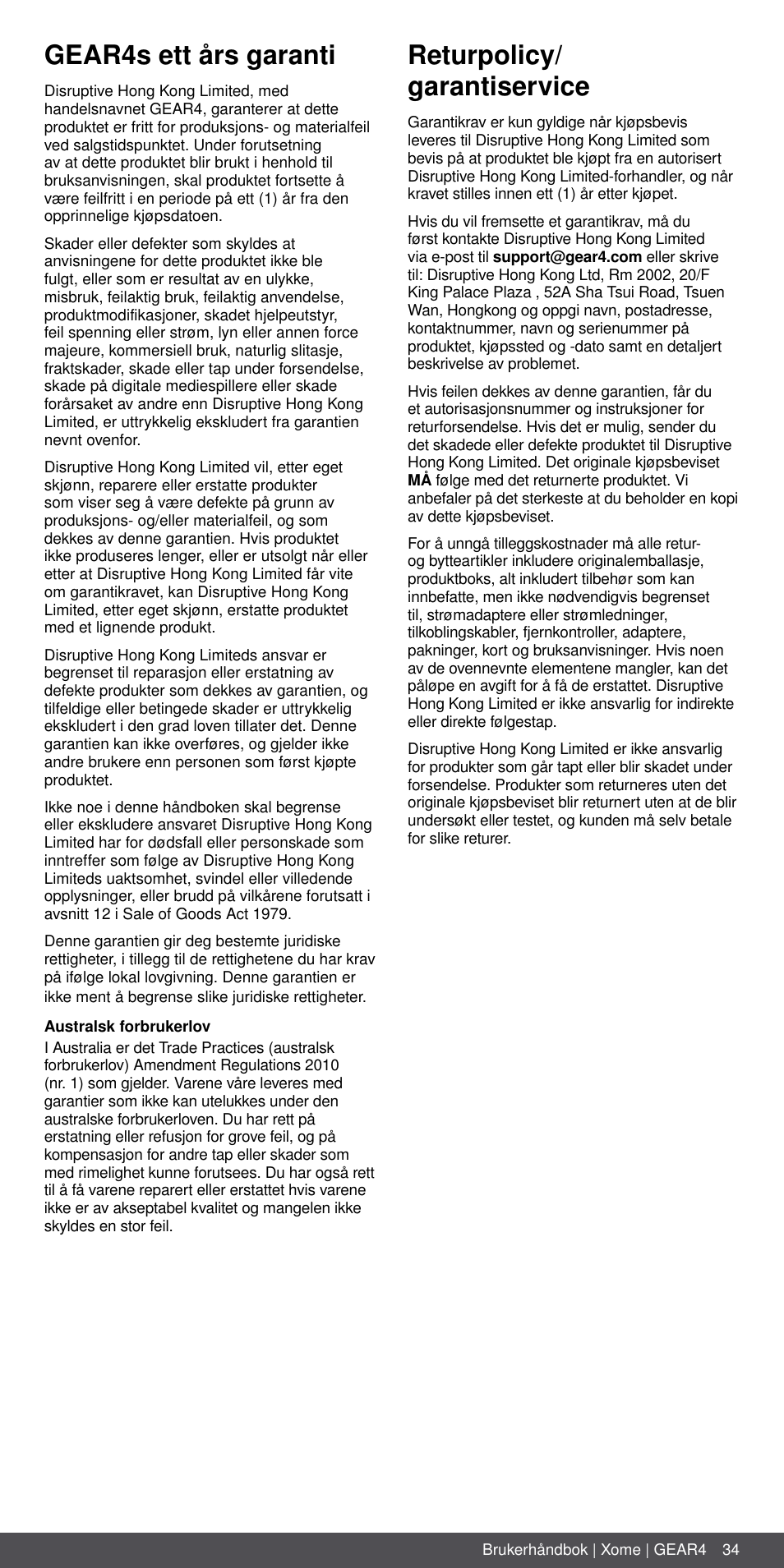Gear4s ett års garanti, Returpolicy/ garantiservice | GEAR4 Xome User Manual | Page 34 / 46