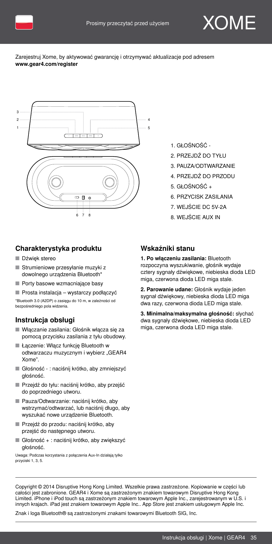 Pl 35, Xome, Charakterystyka produktu | Instrukcja obsługi, Wskaźniki stanu | GEAR4 Xome User Manual | Page 35 / 46