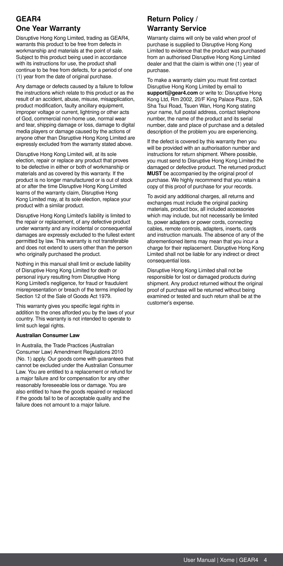 Gear4 one year warranty, Return policy / warranty service | GEAR4 Xome User Manual | Page 4 / 46
