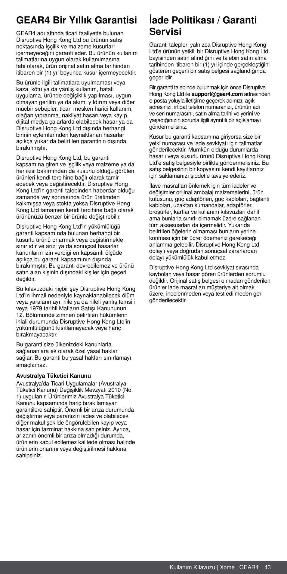 Gear4 bir yıllık garantisi, Iade politikası / garanti servisi | GEAR4 Xome User Manual | Page 43 / 46