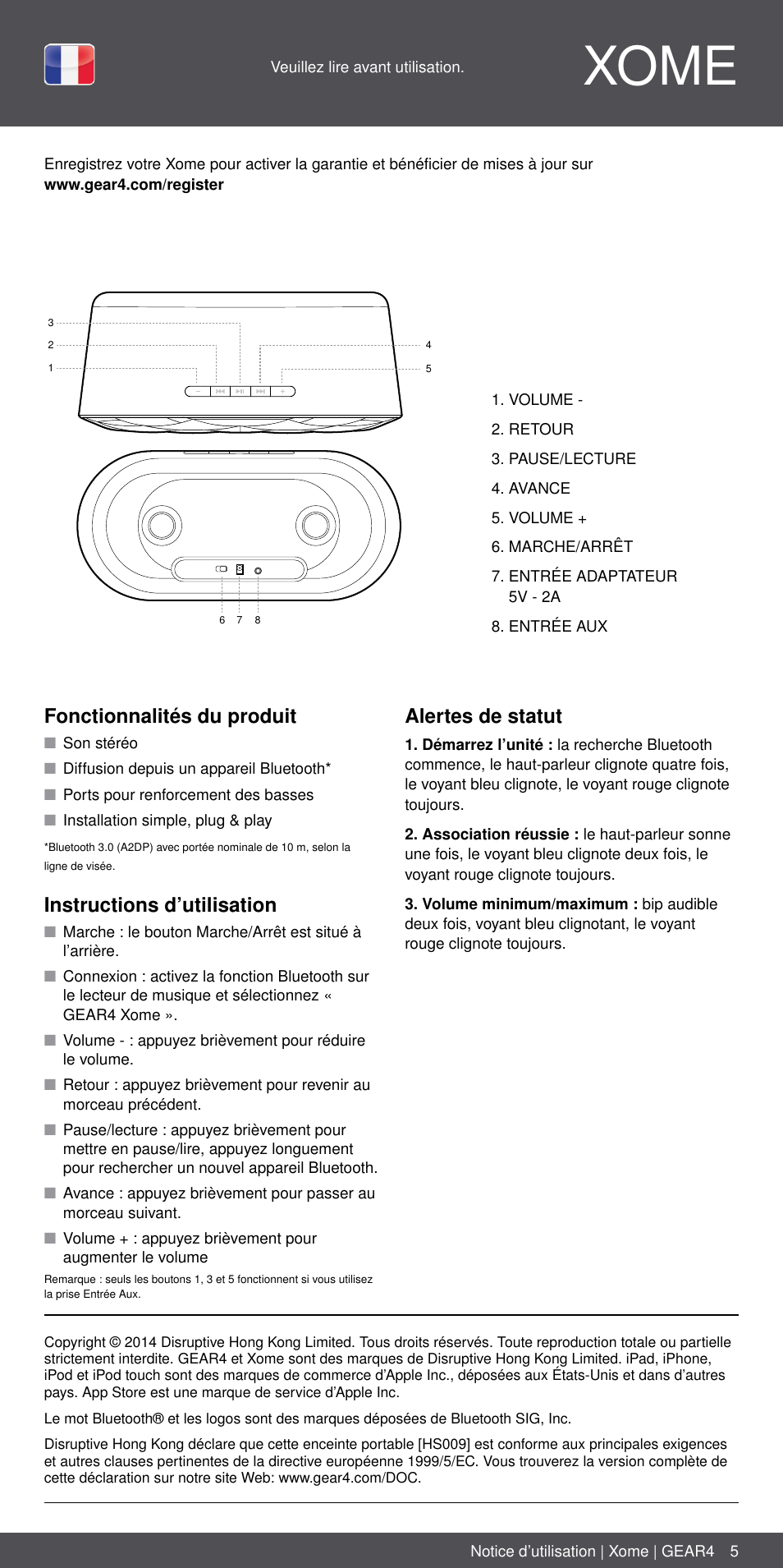 Fr 5, Xome, Fonctionnalités du produit | Instructions d’utilisation, Alertes de statut | GEAR4 Xome User Manual | Page 5 / 46