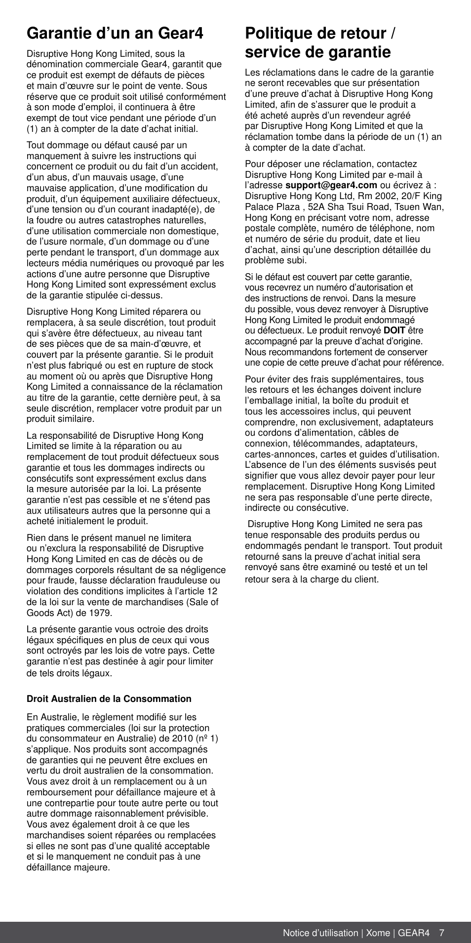 Garantie d’un an gear4, Politique de retour / service de garantie | GEAR4 Xome User Manual | Page 7 / 46