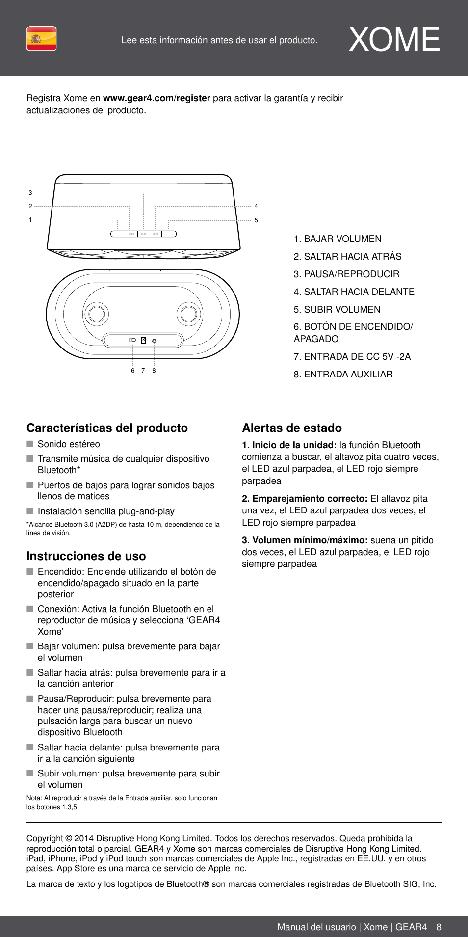 Es 8, Xome, Características del producto | Instrucciones de uso, Alertas de estado | GEAR4 Xome User Manual | Page 8 / 46