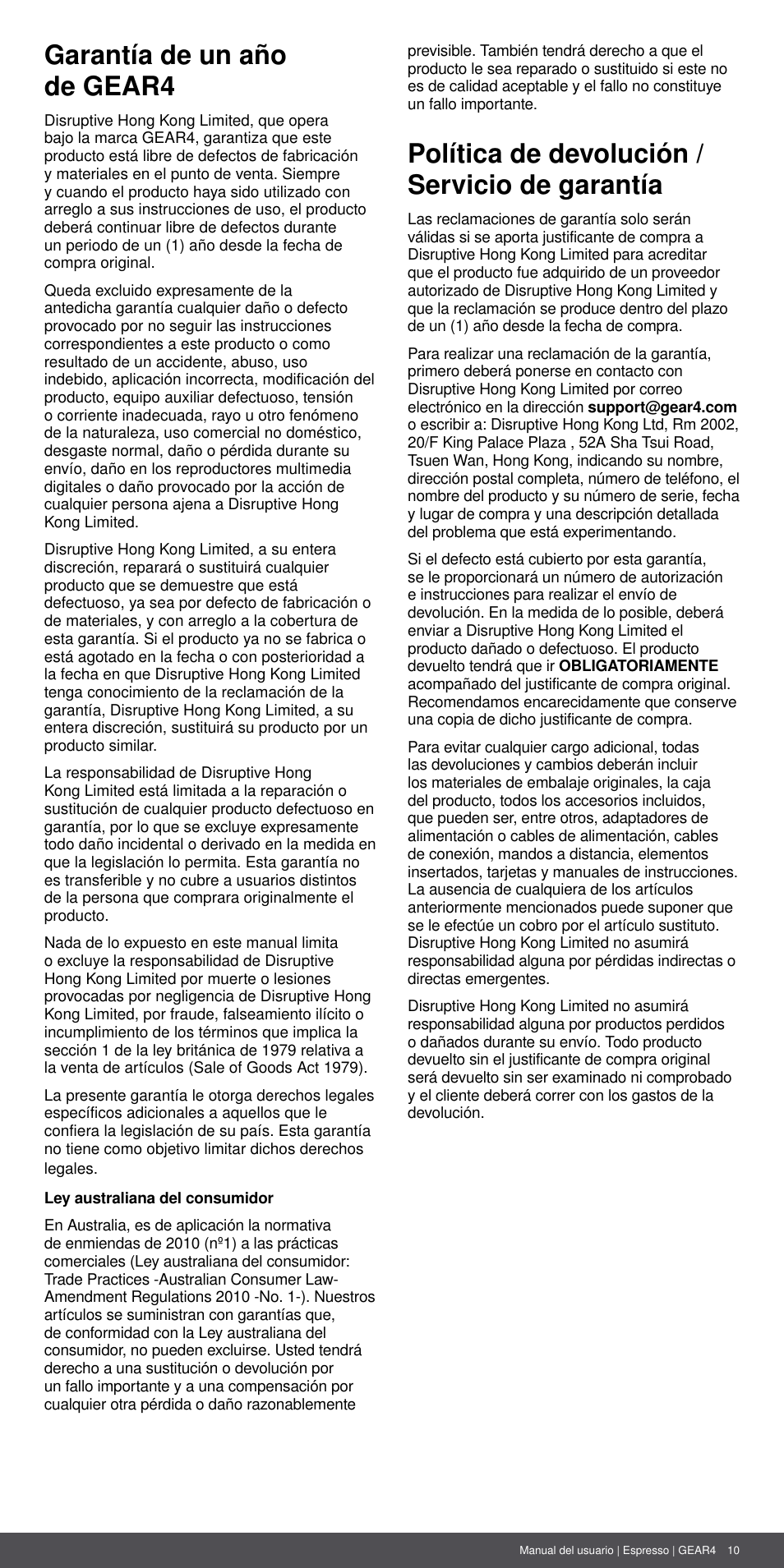 Garantía de un año de gear4, Política de devolución / servicio de garantía | GEAR4 Espresso User Manual | Page 10 / 46