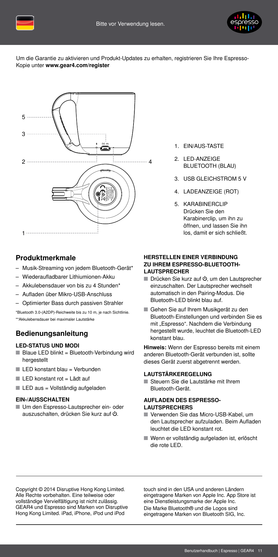 De 11, Produktmerkmale, Bedienungsanleitung | GEAR4 Espresso User Manual | Page 11 / 46