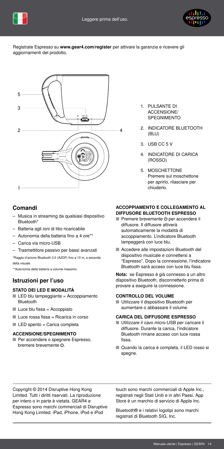 It 14, Nl 8, Comandi | Istruzioni per l’uso | GEAR4 Espresso User Manual | Page 14 / 46