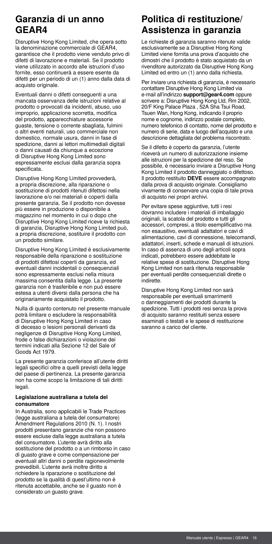 Garanzia di un anno gear4, Politica di restituzione/ assistenza in garanzia | GEAR4 Espresso User Manual | Page 16 / 46
