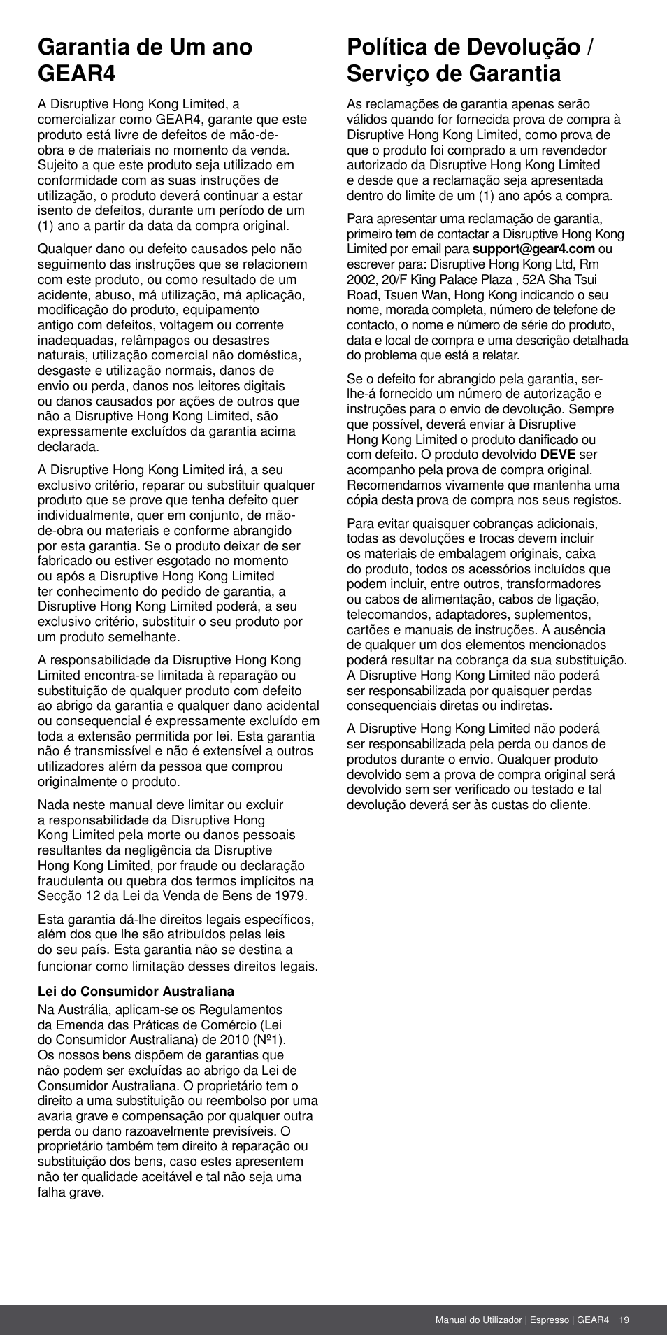 Garantia de um ano gear4, Política de devolução / serviço de garantia | GEAR4 Espresso User Manual | Page 19 / 46