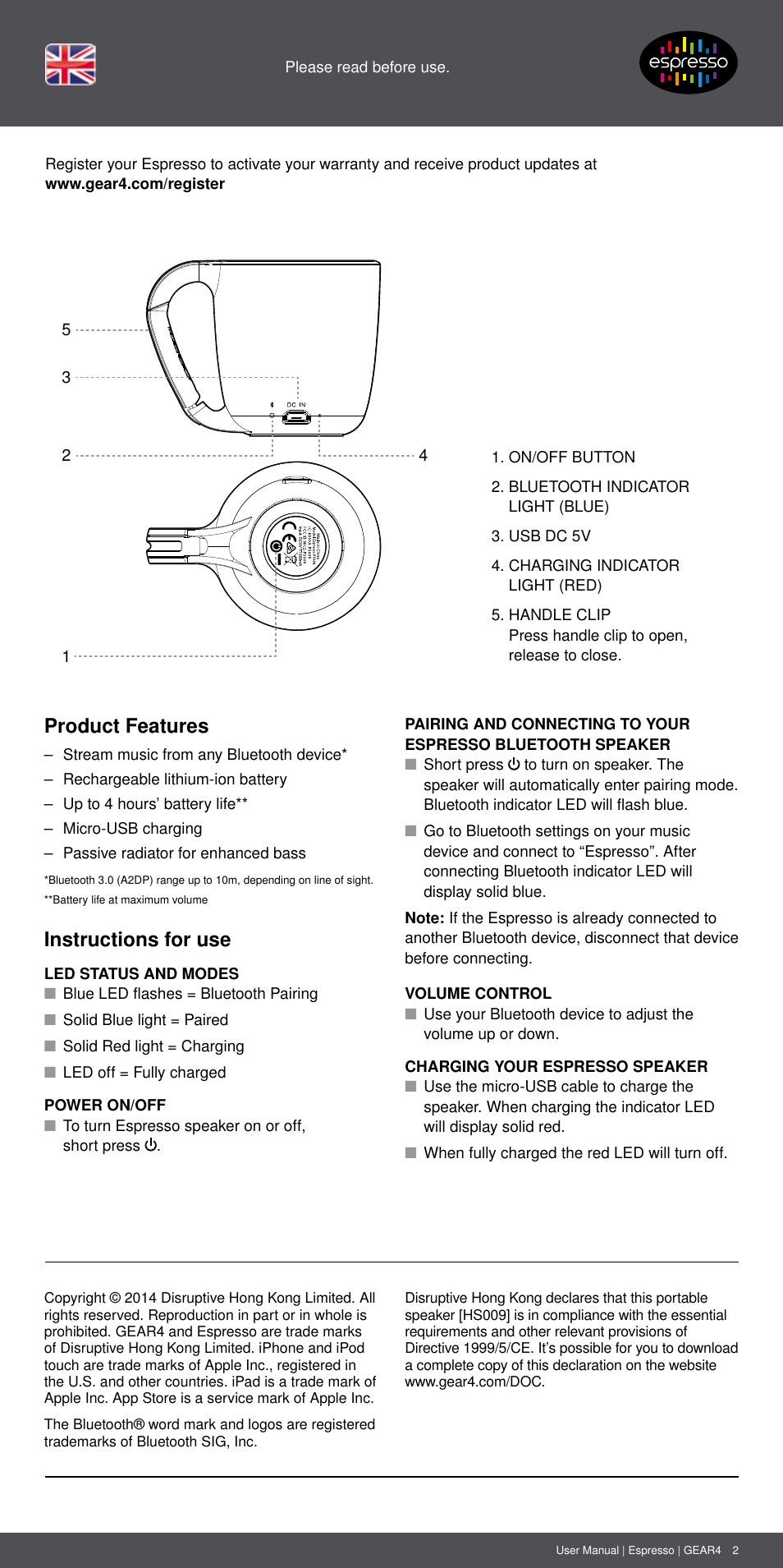 En 2, Product features, Instructions for use | GEAR4 Espresso User Manual | Page 2 / 46