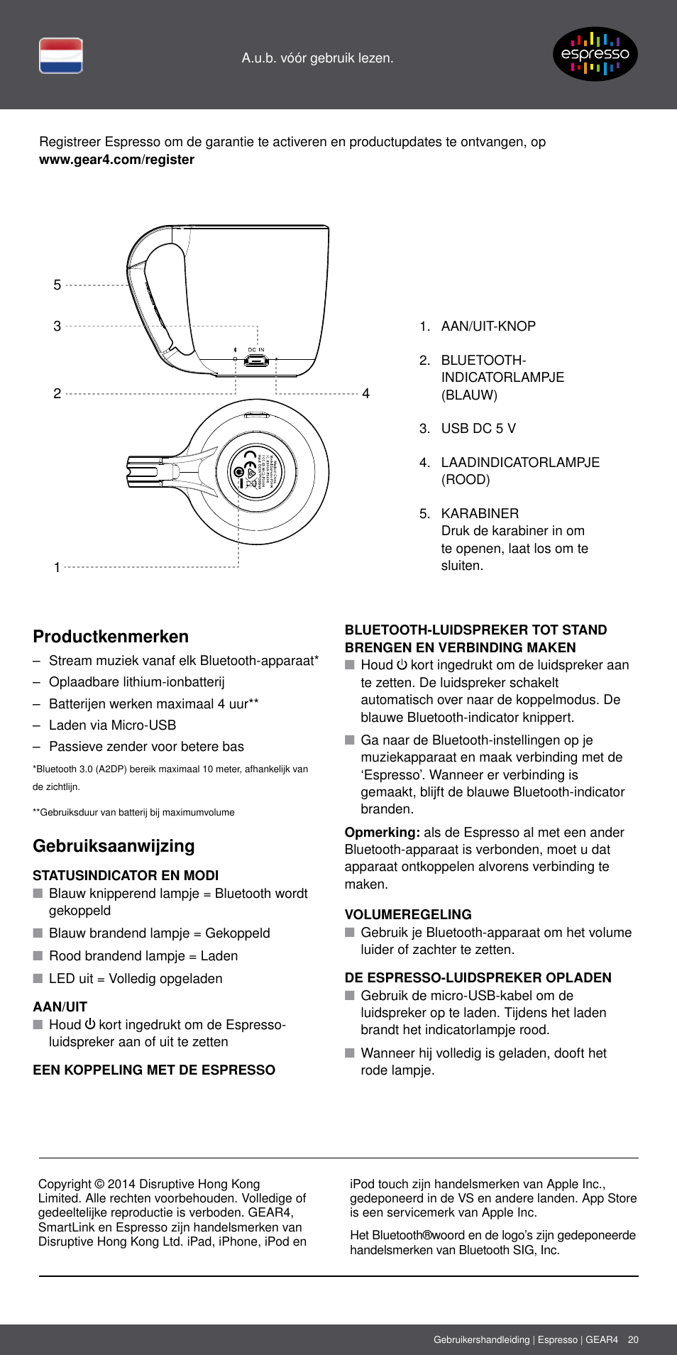 Nl 20, Productkenmerken, Gebruiksaanwijzing | GEAR4 Espresso User Manual | Page 20 / 46