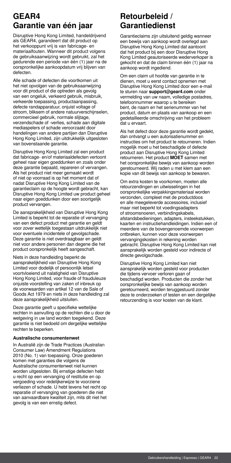 Gear4 garantie van één jaar, Retourbeleid / garantiedienst | GEAR4 Espresso User Manual | Page 22 / 46