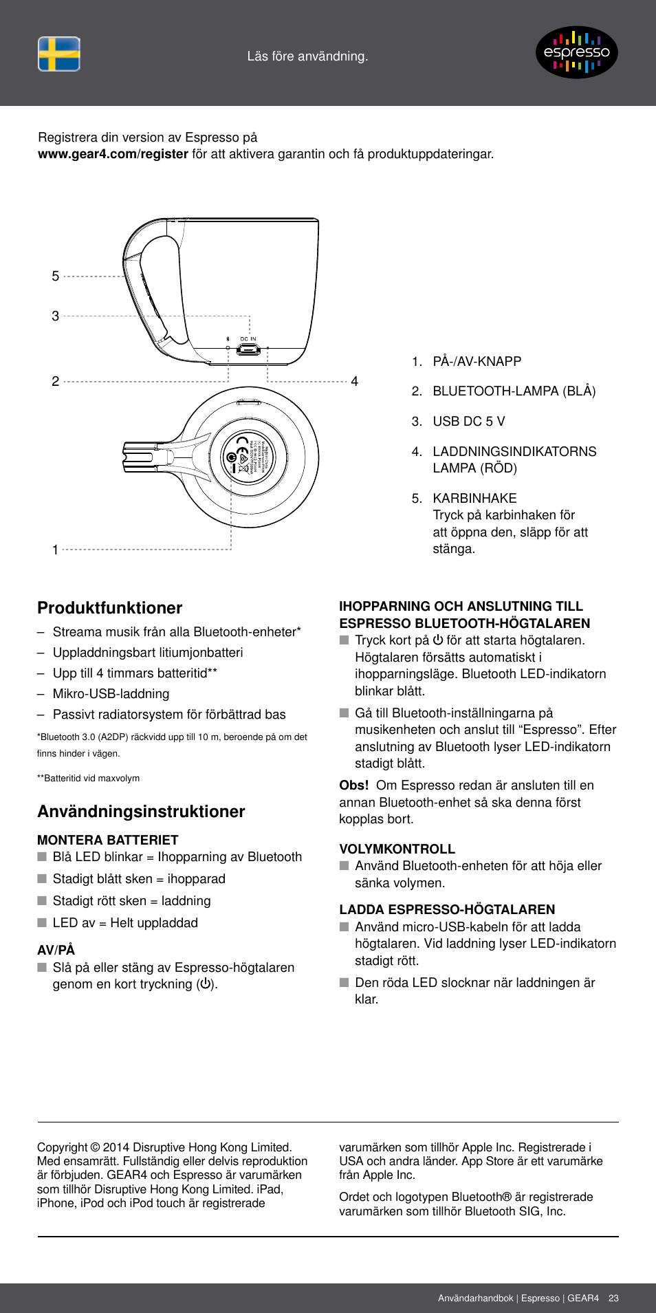Se 23, Produktfunktioner, Användningsinstruktioner | GEAR4 Espresso User Manual | Page 23 / 46