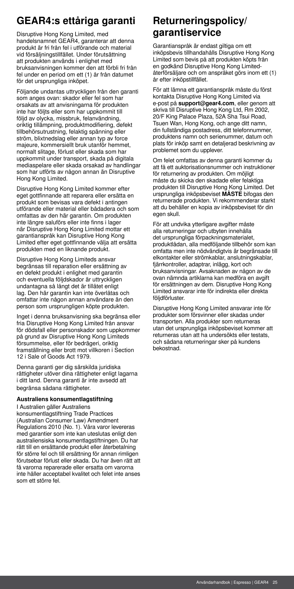 Gear4:s ettåriga garanti, Returneringspolicy/ garantiservice | GEAR4 Espresso User Manual | Page 25 / 46
