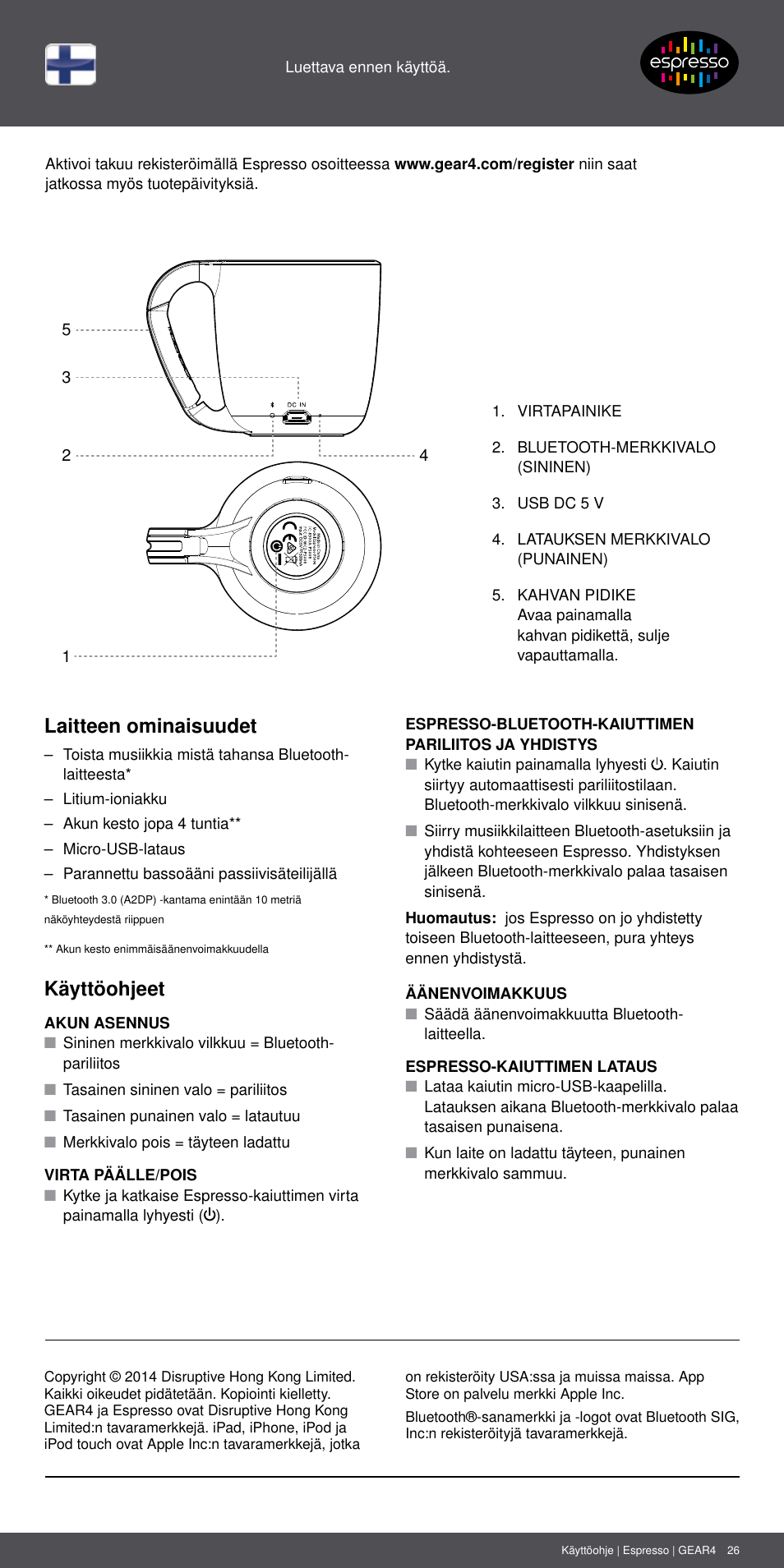 Fi 26, Laitteen ominaisuudet, Käyttöohjeet | GEAR4 Espresso User Manual | Page 26 / 46