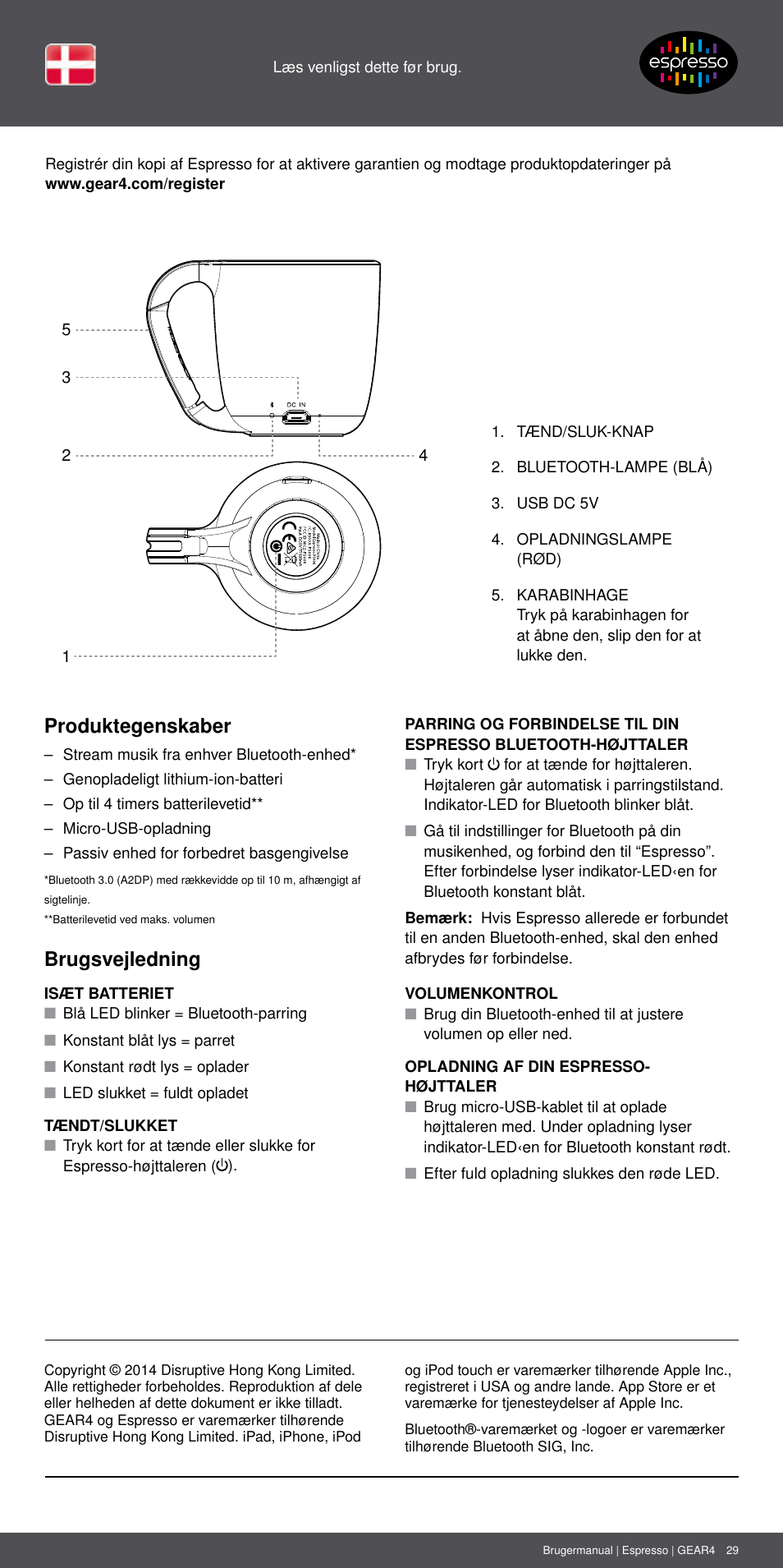 Dk 29, Produktegenskaber, Brugsvejledning | GEAR4 Espresso User Manual | Page 29 / 46