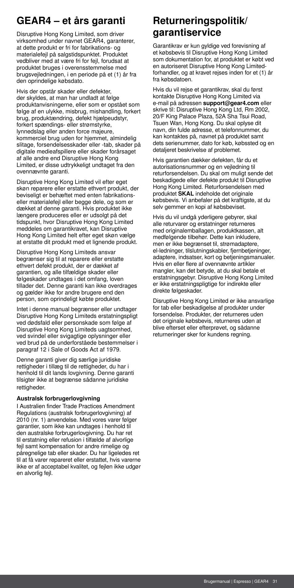 Gear4 – et års garanti, Returneringspolitik/ garantiservice | GEAR4 Espresso User Manual | Page 31 / 46