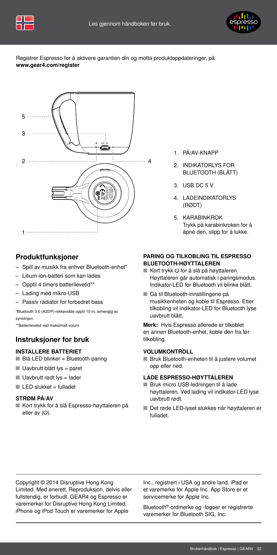 No 32, Produktfunksjoner, Instruksjoner for bruk | GEAR4 Espresso User Manual | Page 32 / 46