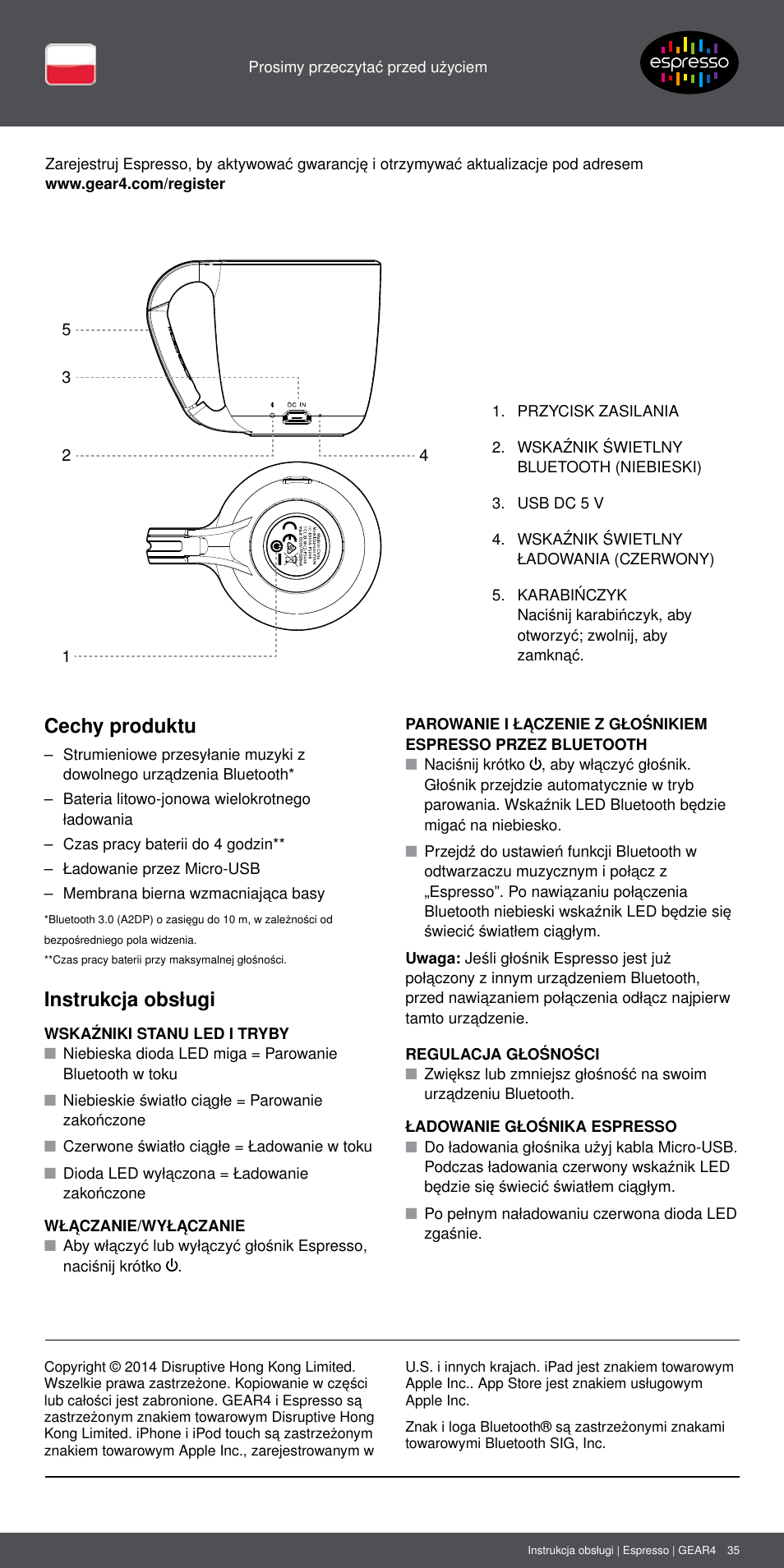 Pl 35, Cechy produktu, Instrukcja obsługi | GEAR4 Espresso User Manual | Page 35 / 46