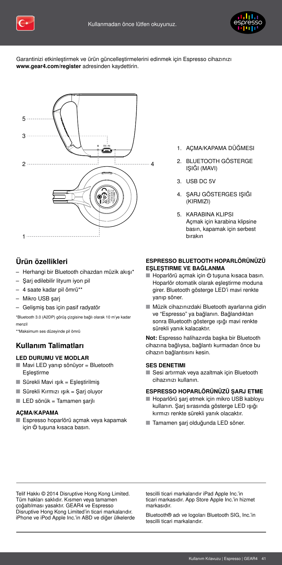 Tk 41, Ürün özellikleri, Kullanım talimatları | GEAR4 Espresso User Manual | Page 41 / 46