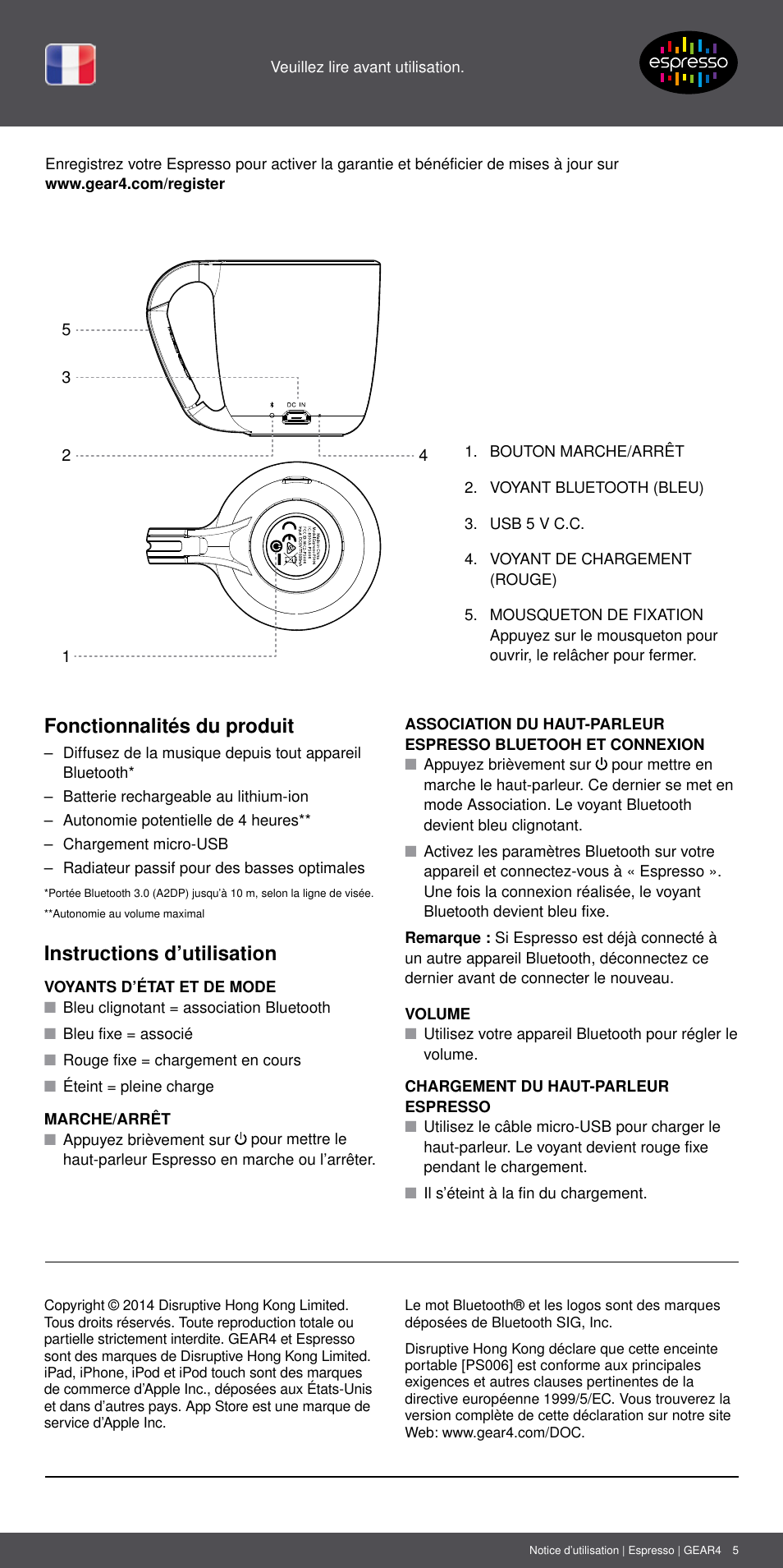 Fr 5, Fonctionnalités du produit, Instructions d’utilisation | GEAR4 Espresso User Manual | Page 5 / 46