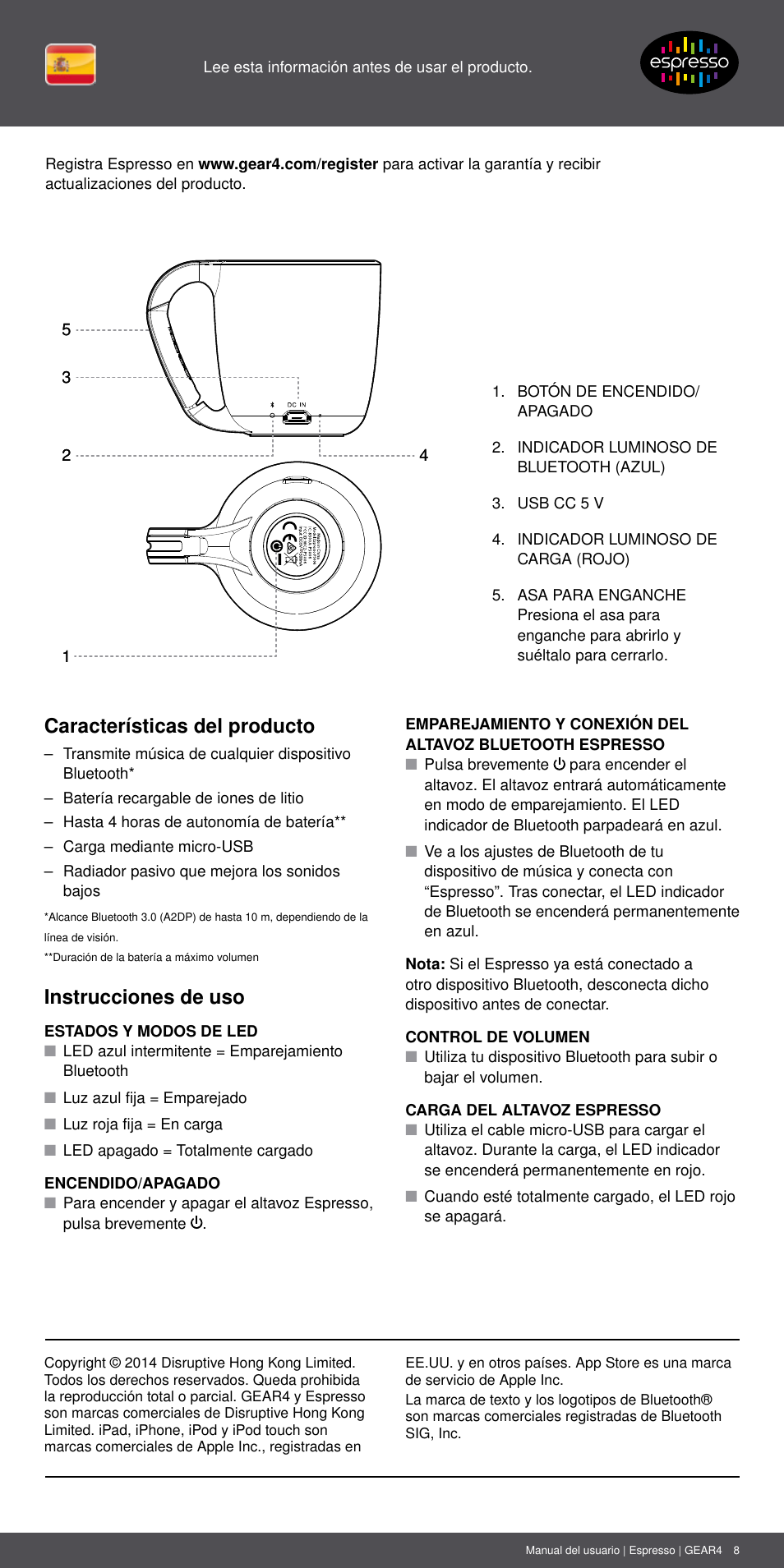 Es 8, Características del producto, Instrucciones de uso | GEAR4 Espresso User Manual | Page 8 / 46