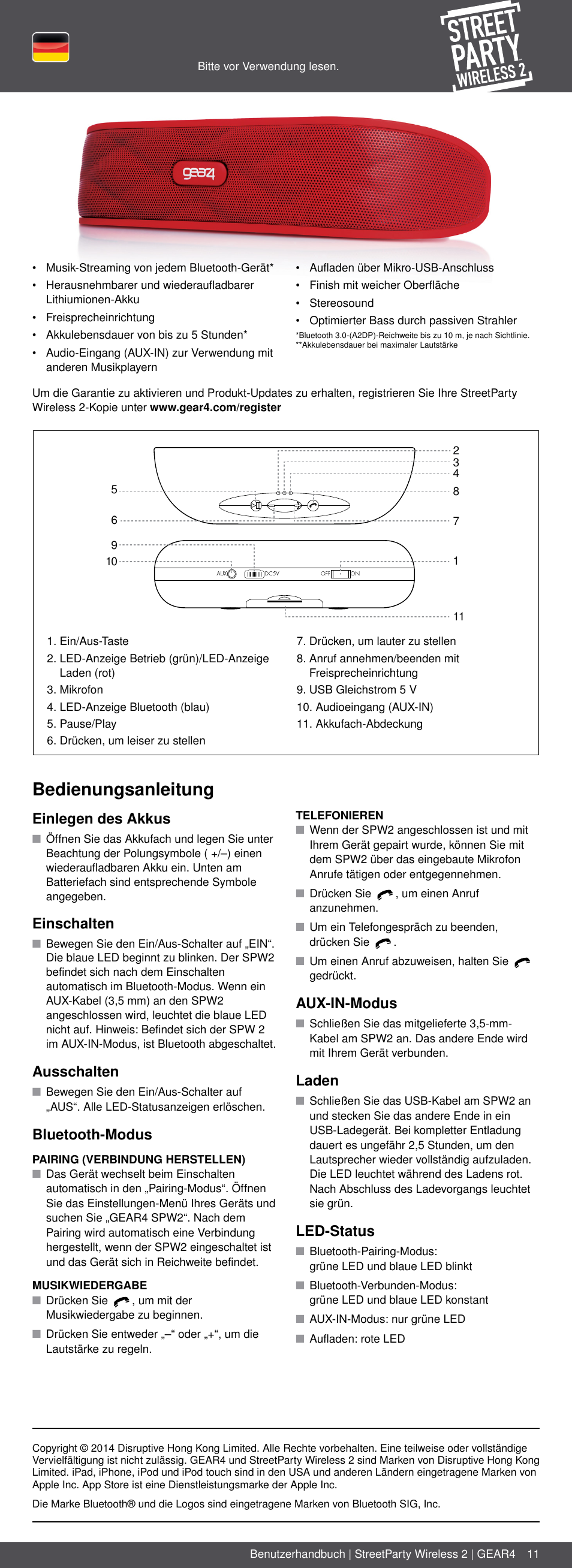 De 11, Bedienungsanleitung, Einlegen des akkus | Einschalten, Ausschalten, Bluetooth-modus, Aux-in-modus, Laden, Led-status | GEAR4 StreetParty Wireless 2 User Manual | Page 11 / 46