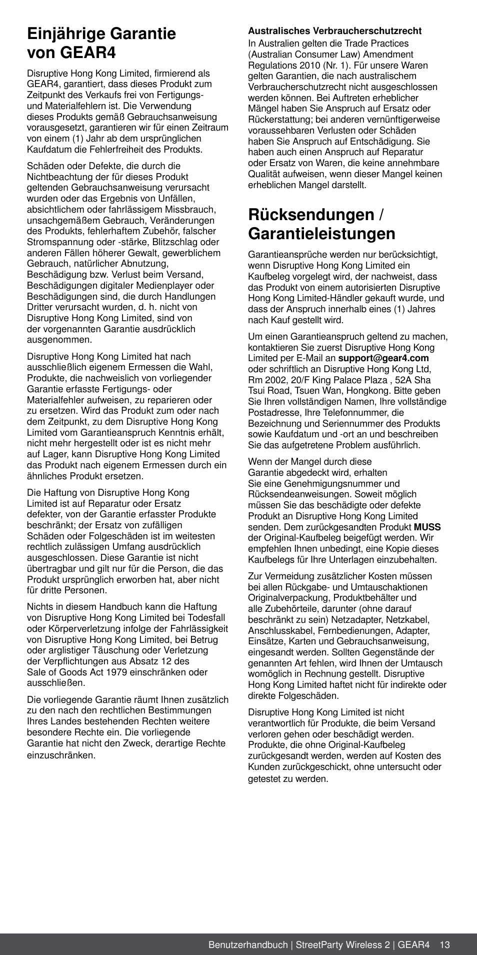 Einjährige garantie von gear4, Rücksendungen / garantieleistungen | GEAR4 StreetParty Wireless 2 User Manual | Page 13 / 46