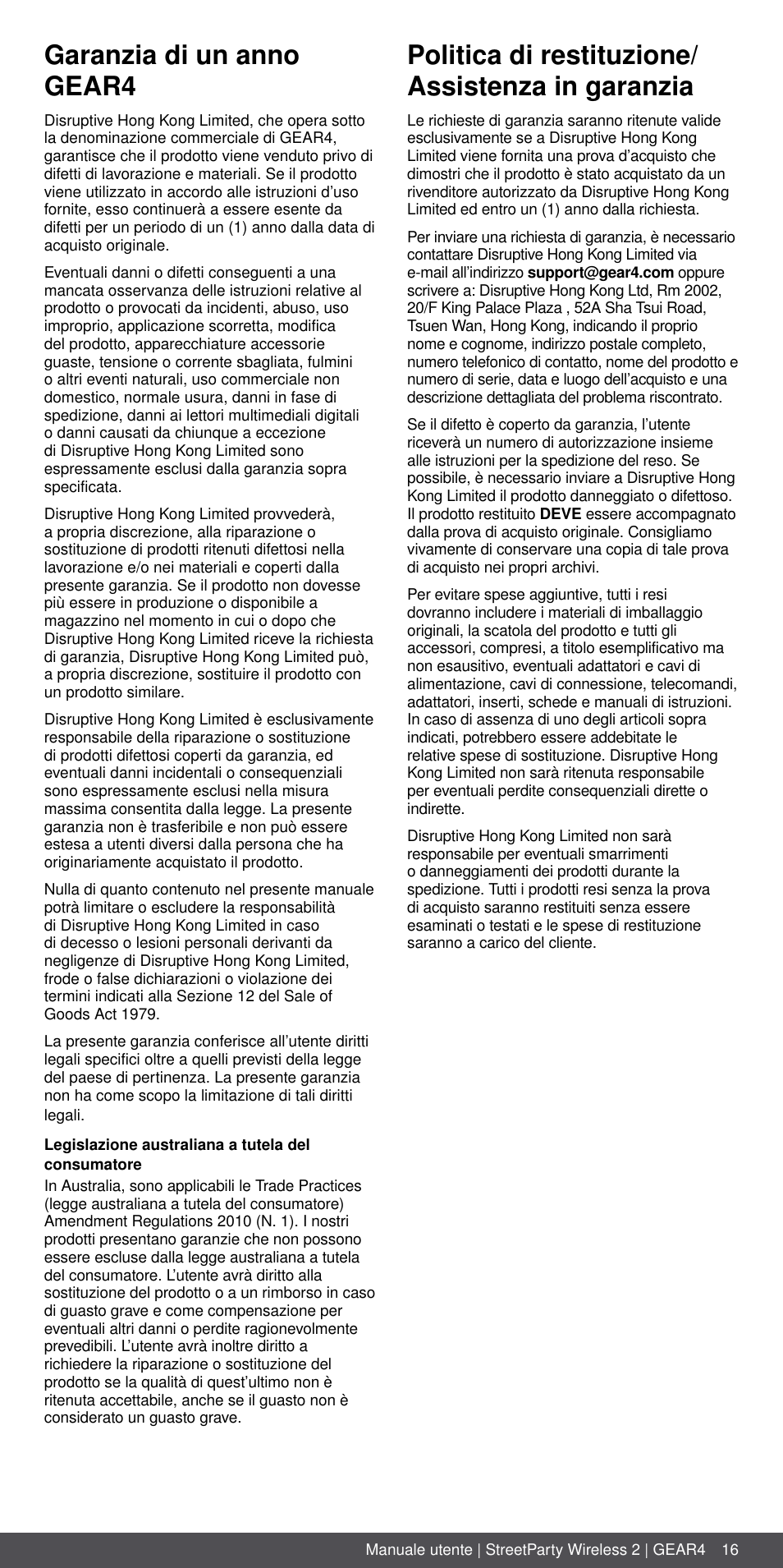 Garanzia di un anno gear4, Politica di restituzione/ assistenza in garanzia | GEAR4 StreetParty Wireless 2 User Manual | Page 16 / 46