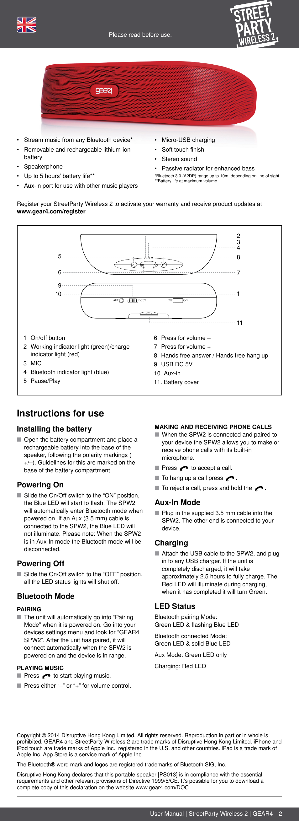 En 2, Instructions for use, Installing the battery | Powering on, Powering off, Bluetooth mode, Aux-in mode, Charging, Led status | GEAR4 StreetParty Wireless 2 User Manual | Page 2 / 46